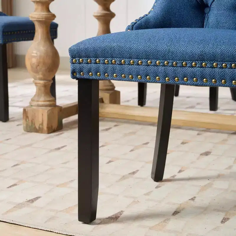 CLIHOME Lot de 2 chaises de salle à manger haut de gamme capitonnées en bois massif, rembourrées en lin avec pieds en bois et clous décoratifs