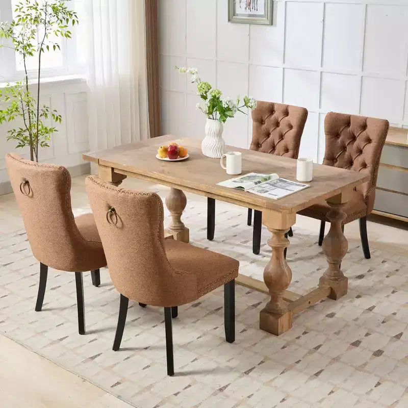 CLIHOME Lot de 2 chaises de salle à manger haut de gamme capitonnées en bois massif, rembourrées en lin avec pieds en bois et clous décoratifs