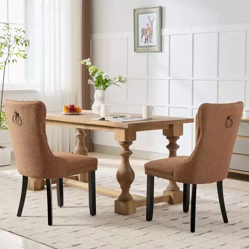CLIHOME Lot de 2 chaises de salle à manger haut de gamme capitonnées en bois massif, rembourrées en lin avec pieds en bois et clous décoratifs