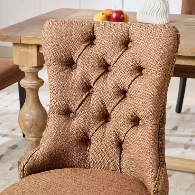 CLIHOME Lot de 2 chaises de salle à manger haut de gamme capitonnées en bois massif, rembourrées en lin avec pieds en bois et clous décoratifs