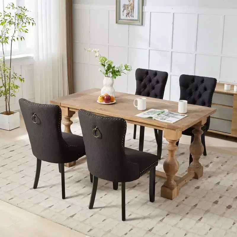 CLIHOME Lot de 2 chaises de salle à manger haut de gamme capitonnées en bois massif, rembourrées en lin avec pieds en bois et clous décoratifs