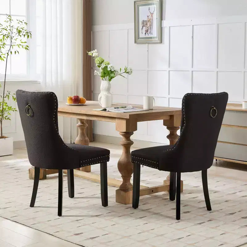 CLIHOME Lot de 2 chaises de salle à manger haut de gamme capitonnées en bois massif, rembourrées en lin avec pieds en bois et clous décoratifs