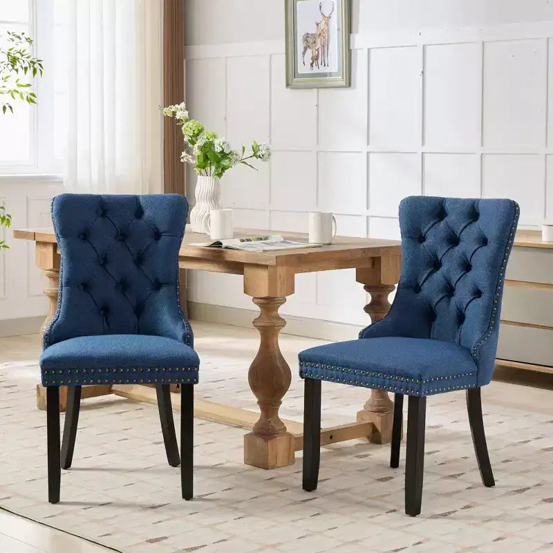 CLIHOME Lot de 2 chaises de salle à manger haut de gamme capitonnées en bois massif, rembourrées en lin avec pieds en bois et clous décoratifs