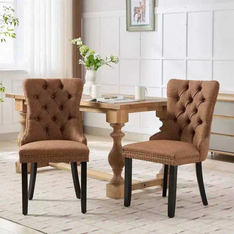 CLIHOME Lot de 2 chaises de salle à manger haut de gamme capitonnées en bois massif, rembourrées en lin avec pieds en bois et clous décoratifs