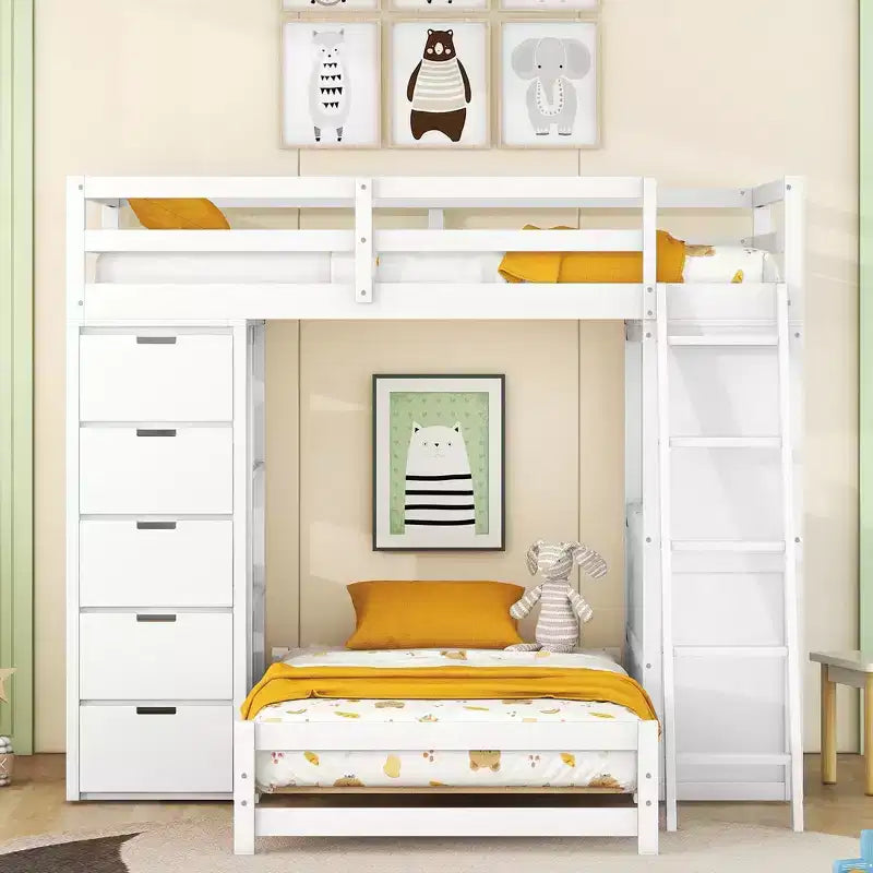 Whisen Twin over twin Bunk Bed with Drawers, Shelves, Desk, LED Light and Charging Ports