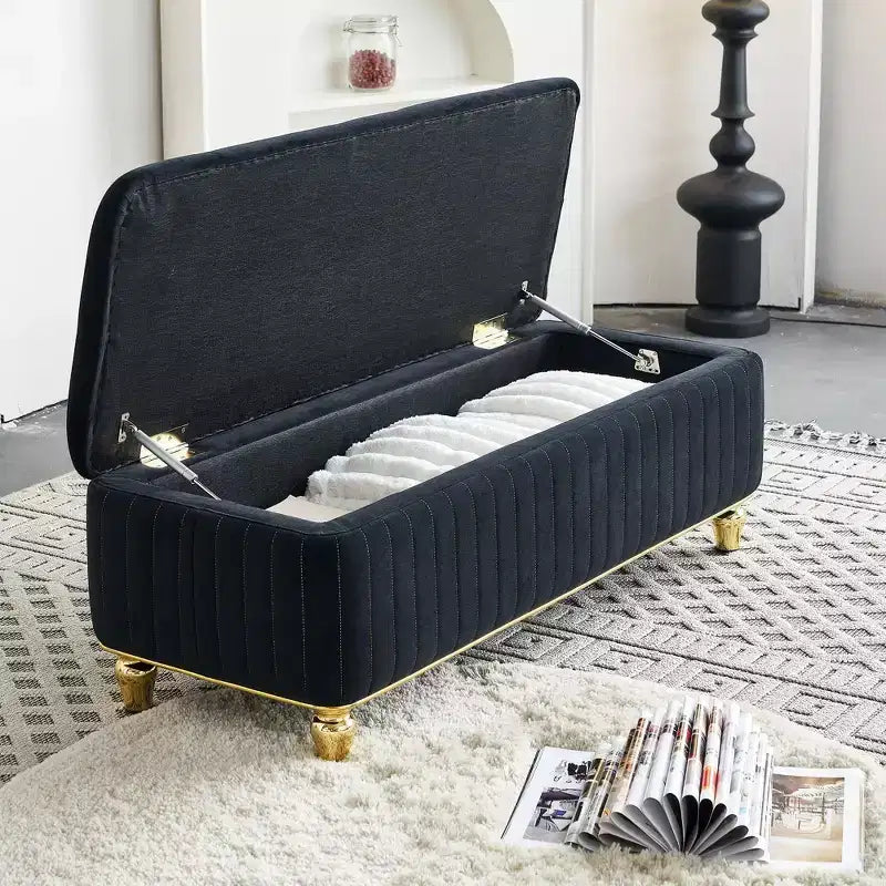 TUYOHW Storage Ottoman, Upholstered Velvet Fabric Storage Ottoman with Safety Hinge, Ottoman Bench for Living Room and Bedroom
