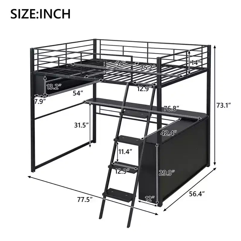 Whisen Metal Full Size Loft Bed with LED, Desk and 4 Storage Shelves