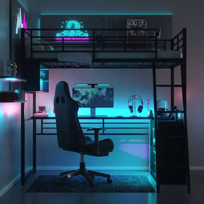 Whisen Metal Full Size Loft Bed with LED, Desk and 4 Storage Shelves