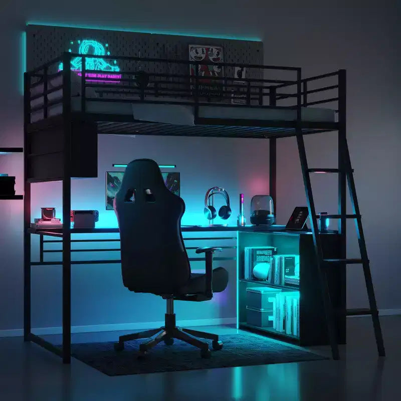 Whisen Metal Full Size Loft Bed with LED, Desk and 4 Storage Shelves