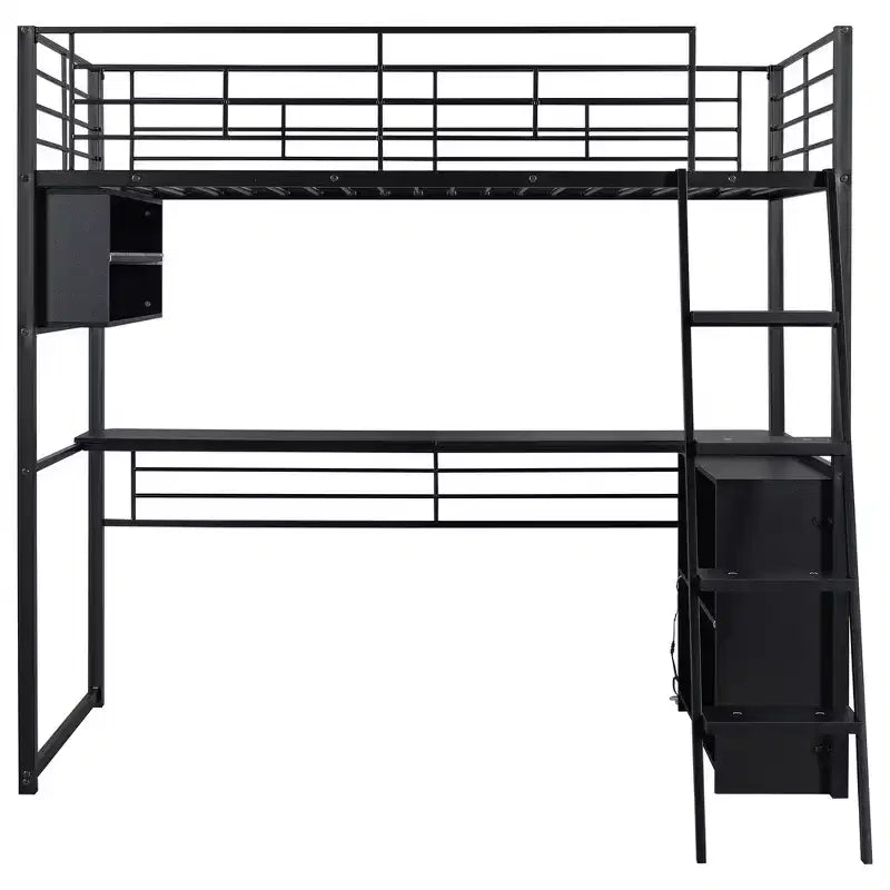 Whisen Metal Full Size Loft Bed with LED, Desk and 4 Storage Shelves