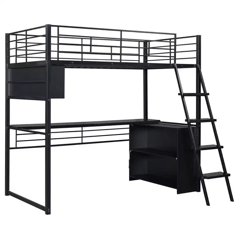 Whisen Metal Full Size Loft Bed with LED, Desk and 4 Storage Shelves