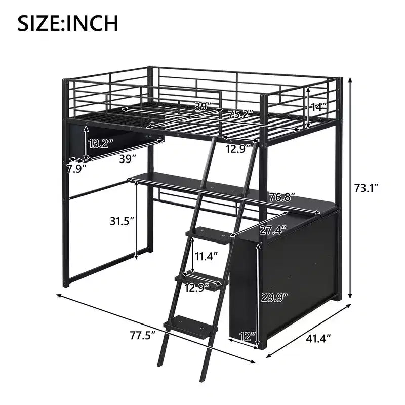 Whisen Metal Full Size Loft Bed with LED, Desk and 4 Storage Shelves