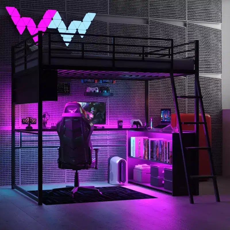 Whisen Metal Full Size Loft Bed with LED, Desk and 4 Storage Shelves