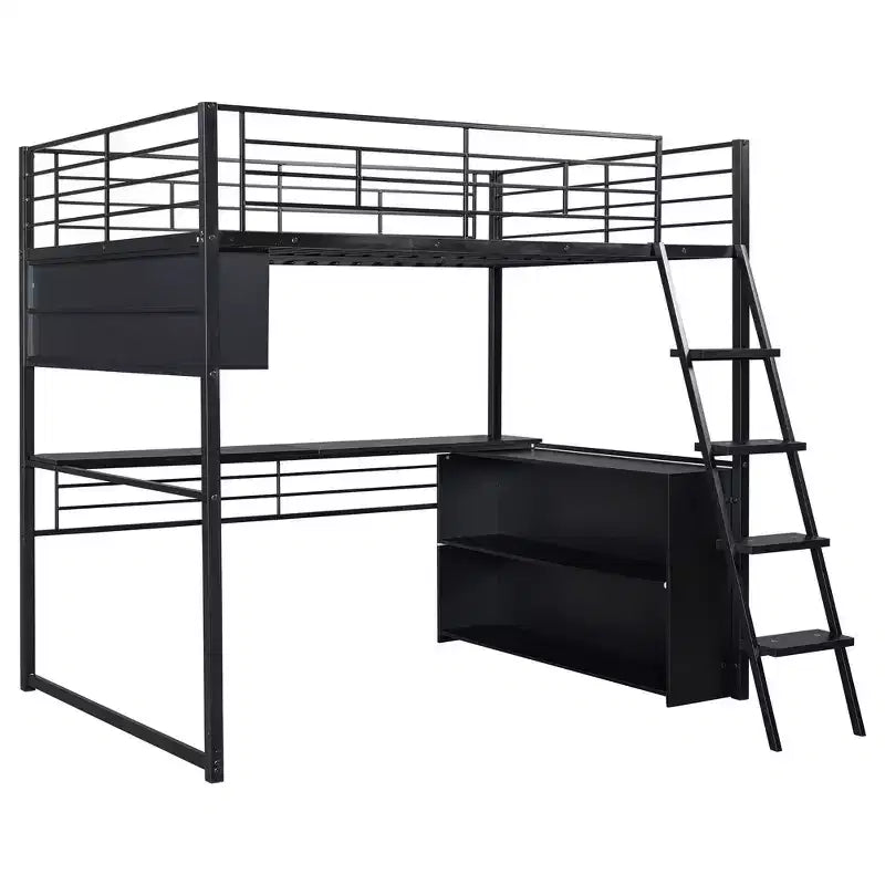 Whisen Metal Full Size Loft Bed with LED, Desk and 4 Storage Shelves