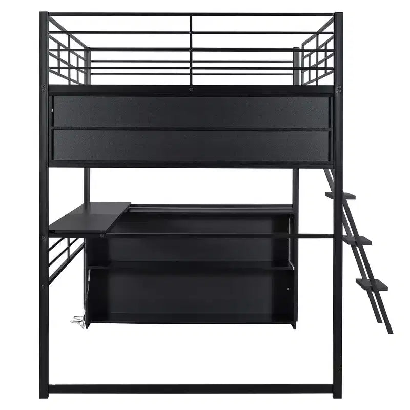 Whisen Metal Full Size Loft Bed with LED, Desk and 4 Storage Shelves