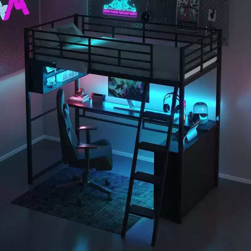 Whisen Metal Full Size Loft Bed with LED, Desk and 4 Storage Shelves