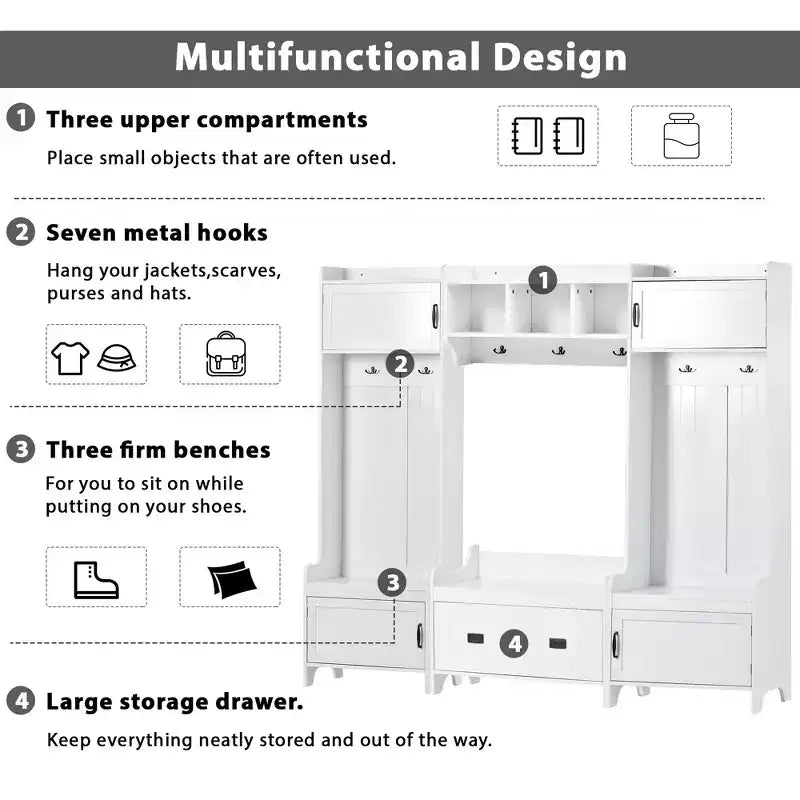 The Misty Moon White 4-in-1 Multiple Functions Hallway Coat Rack with Seven Metal Black Hooks Entryway Bench Hall Tree with Ample Storage Drawer