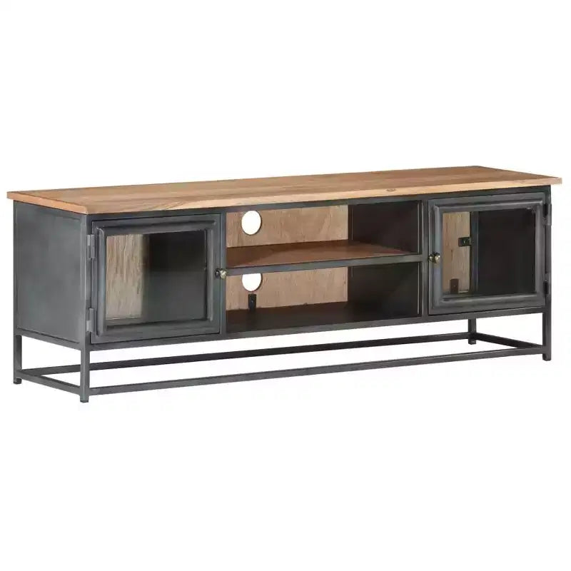 Meuble TV vidaXL en bois d'acacia massif de style industriel avec pieds en acier - Meuble multimédia avec portes en verre et grand espace de rangement - Gris