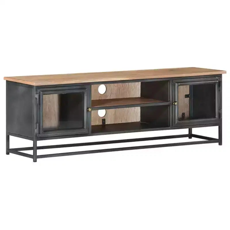 Meuble TV vidaXL en bois d'acacia massif de style industriel avec pieds en acier - Meuble multimédia avec portes en verre et grand espace de rangement - Gris