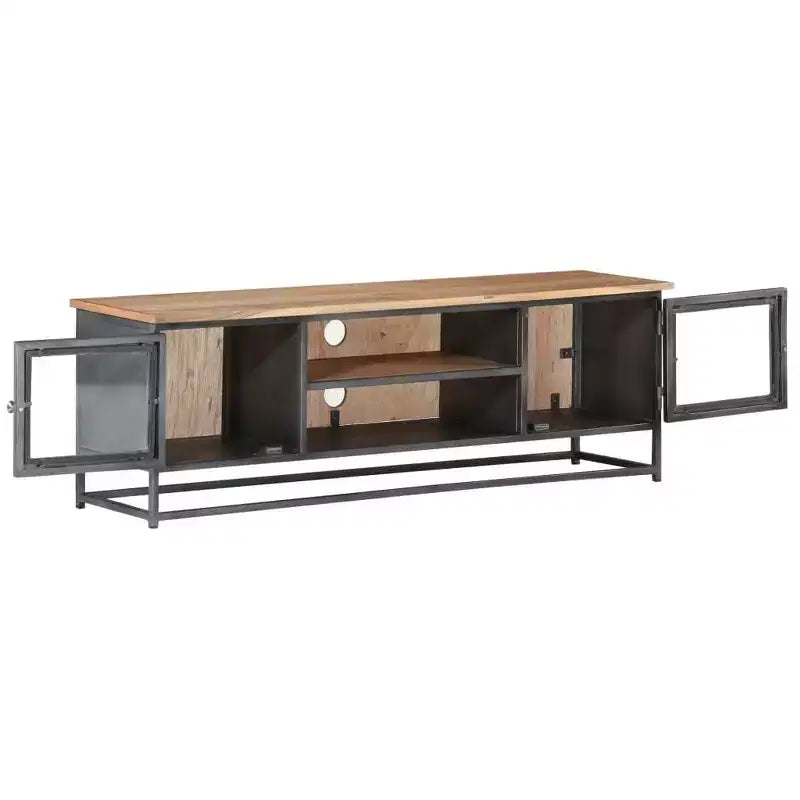 Meuble TV vidaXL en bois d'acacia massif de style industriel avec pieds en acier - Meuble multimédia avec portes en verre et grand espace de rangement - Gris