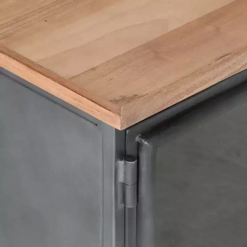 Meuble TV vidaXL en bois d'acacia massif de style industriel avec pieds en acier - Meuble multimédia avec portes en verre et grand espace de rangement - Gris