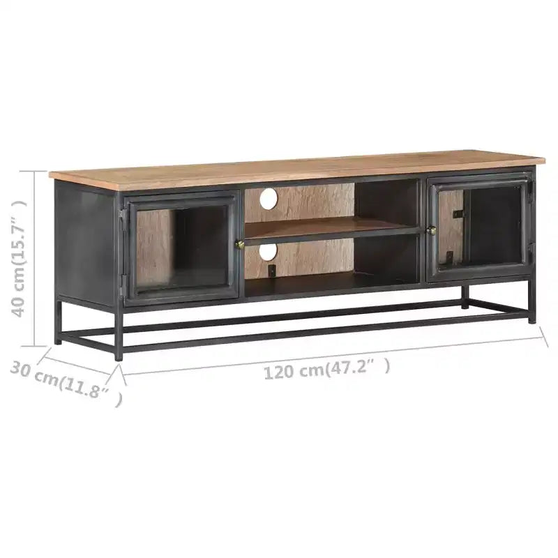 Meuble TV vidaXL en bois d'acacia massif de style industriel avec pieds en acier - Meuble multimédia avec portes en verre et grand espace de rangement - Gris