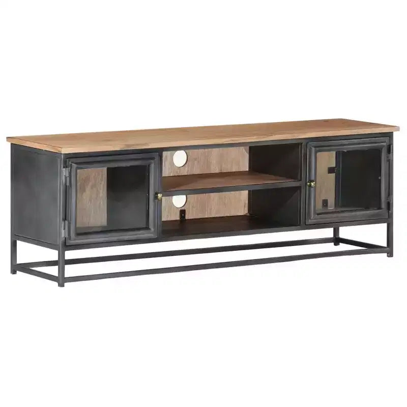 Meuble TV vidaXL en bois d'acacia massif de style industriel avec pieds en acier - Meuble multimédia avec portes en verre et grand espace de rangement - Gris