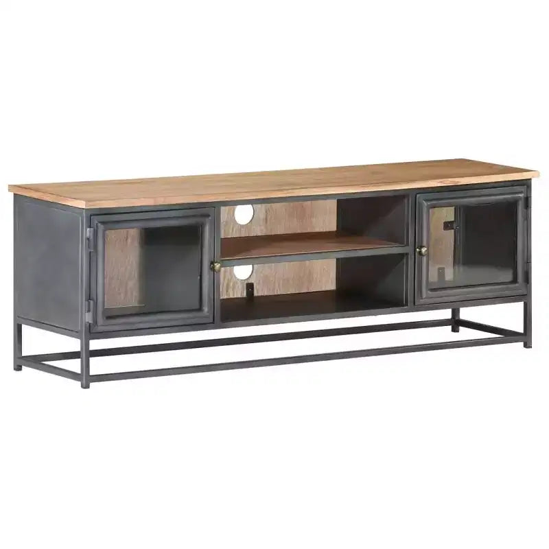 Meuble TV vidaXL en bois d'acacia massif de style industriel avec pieds en acier - Meuble multimédia avec portes en verre et grand espace de rangement - Gris