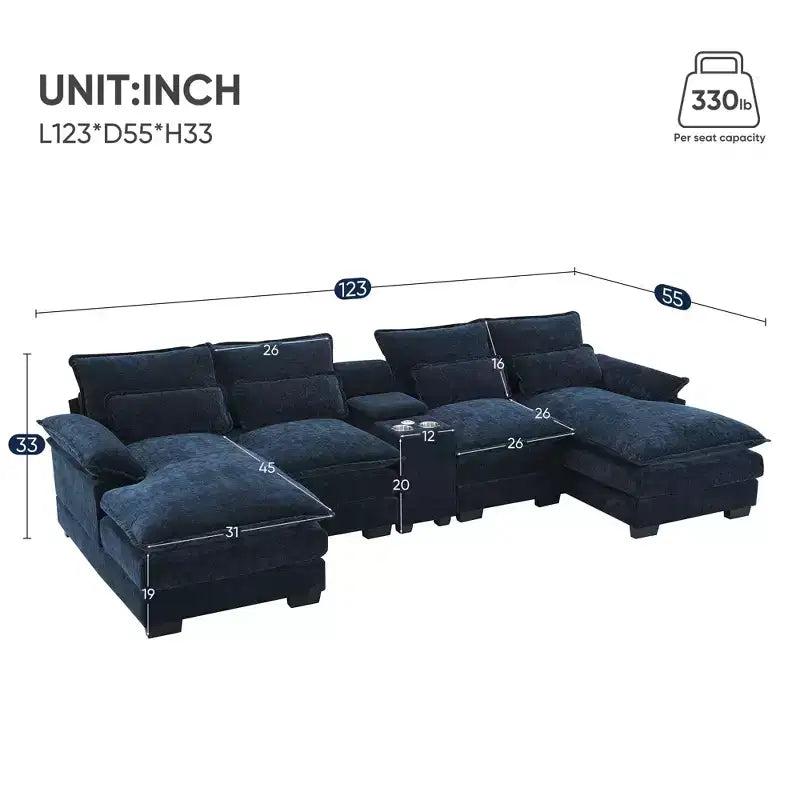 123'' U-Shaped Sectional Sofa with USB Charging, Cup Holders & Console, 6-Seater Chenille Couch with Double Cushions for Living Room
