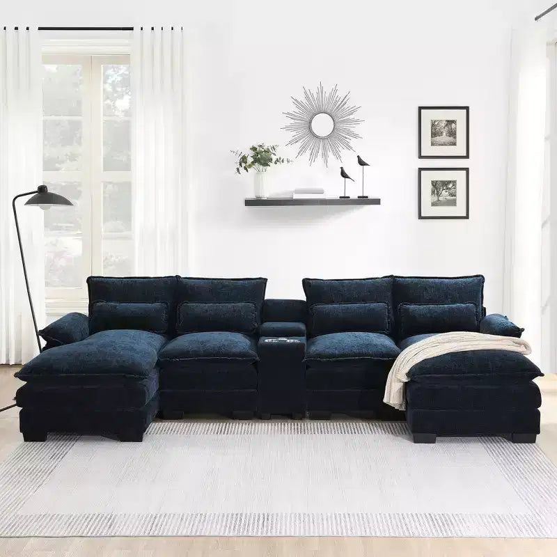 123'' U-Shaped Sectional Sofa with USB Charging, Cup Holders & Console, 6-Seater Chenille Couch with Double Cushions for Living Room