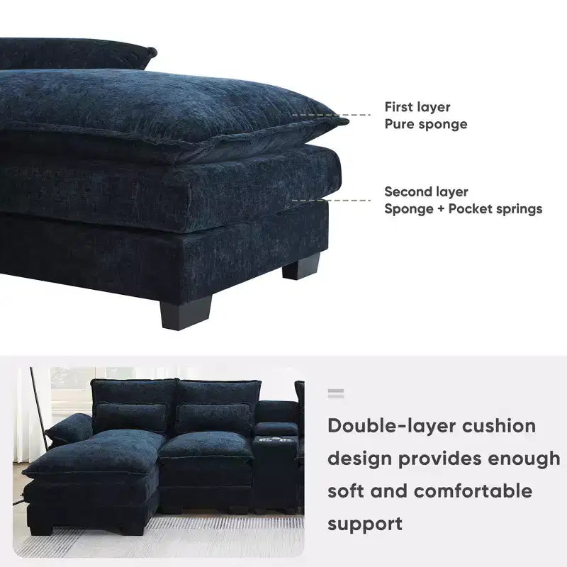 123'' U-Shaped Sectional Sofa with USB Charging, Cup Holders & Console, 6-Seater Chenille Couch with Double Cushions for Living Room