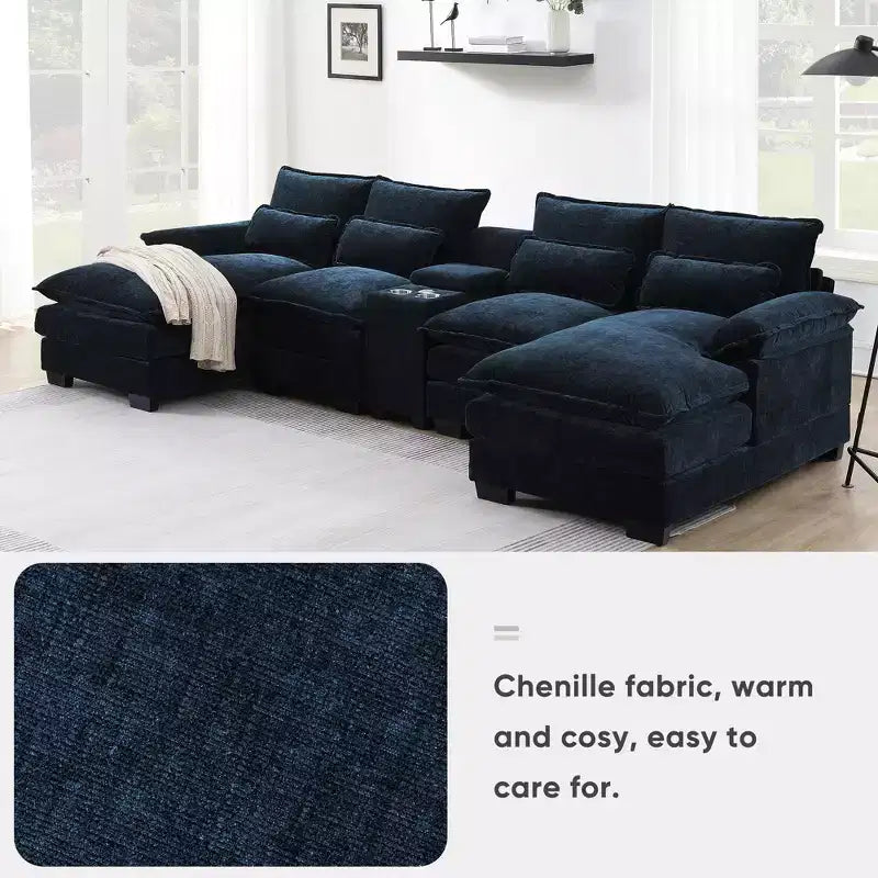 123'' U-Shaped Sectional Sofa with USB Charging, Cup Holders & Console, 6-Seater Chenille Couch with Double Cushions for Living Room