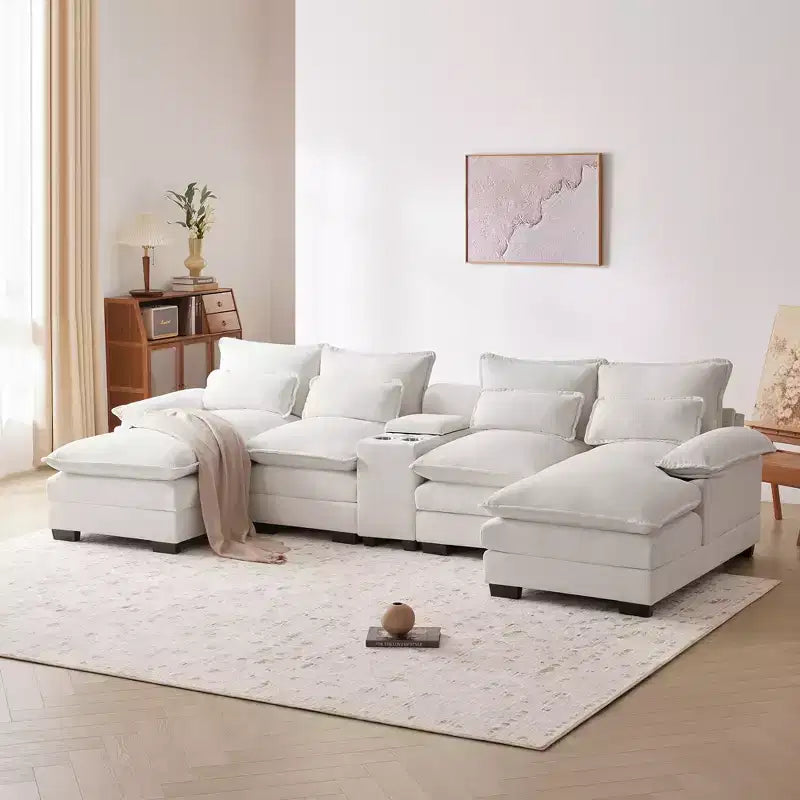 123'' U-Shaped Sectional Sofa with USB Charging, Cup Holders & Console, 6-Seater Chenille Couch with Double Cushions for Living Room