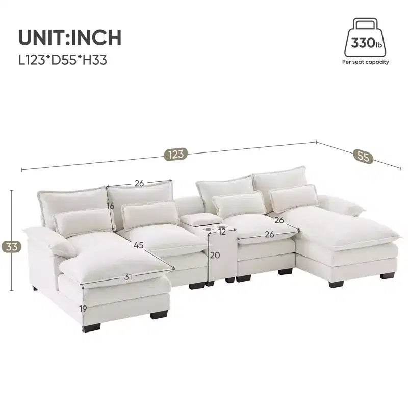 123'' U-Shaped Sectional Sofa with USB Charging, Cup Holders & Console, 6-Seater Chenille Couch with Double Cushions for Living Room
