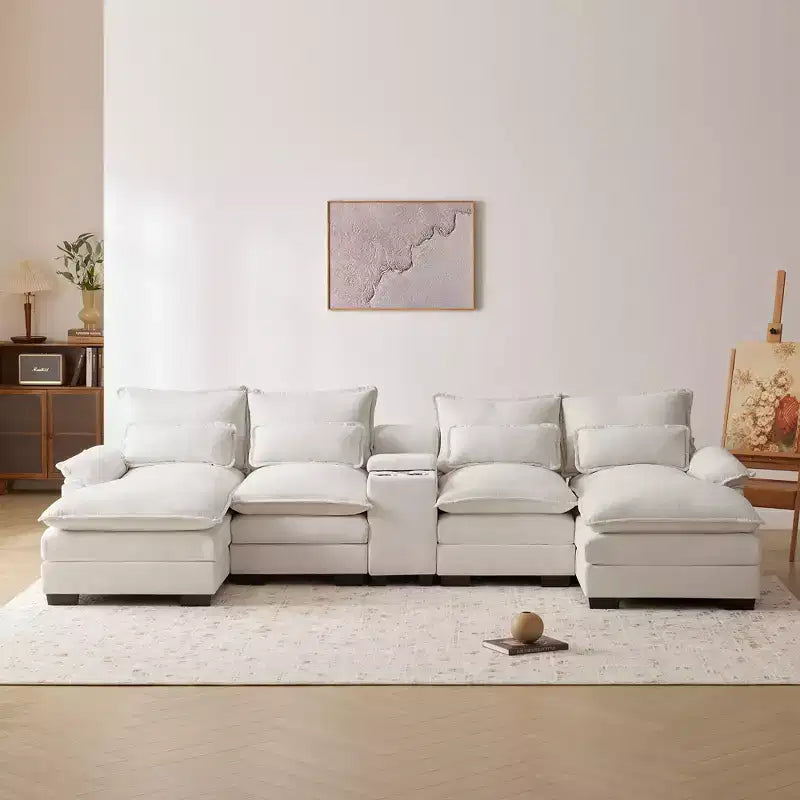 123'' U-Shaped Sectional Sofa with USB Charging, Cup Holders & Console, 6-Seater Chenille Couch with Double Cushions for Living Room