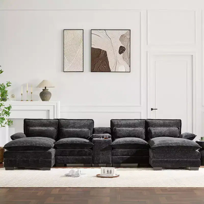 123'' U-Shaped Sectional Sofa with USB Charging, Cup Holders & Console, 6-Seater Chenille Couch with Double Cushions for Living Room