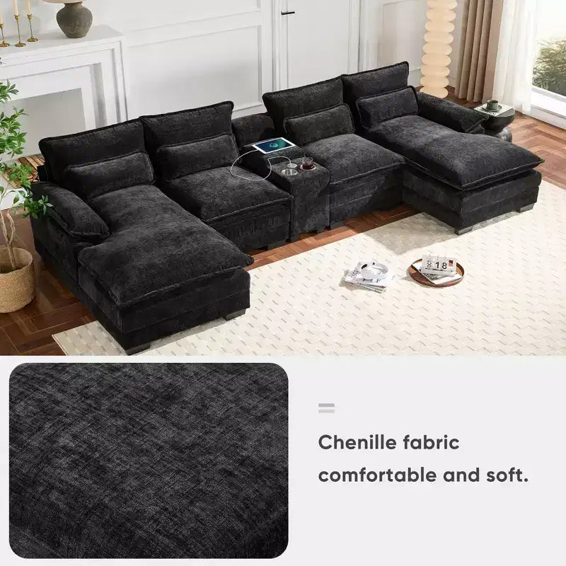 123'' U-Shaped Sectional Sofa with USB Charging, Cup Holders & Console, 6-Seater Chenille Couch with Double Cushions for Living Room