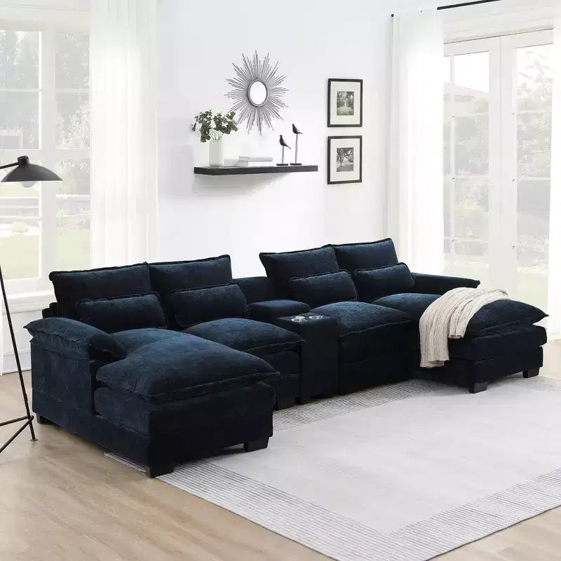 123'' U-Shaped Sectional Sofa with USB Charging, Cup Holders & Console, 6-Seater Chenille Couch with Double Cushions for Living Room