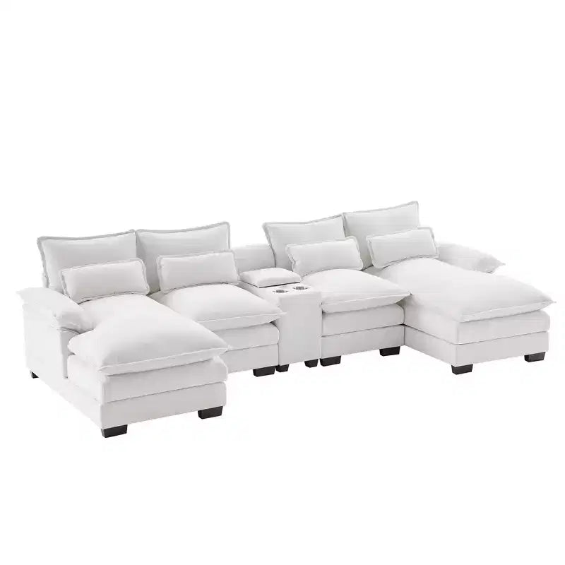 123'' U-Shaped Sectional Sofa with USB Charging, Cup Holders & Console, 6-Seater Chenille Couch with Double Cushions for Living Room