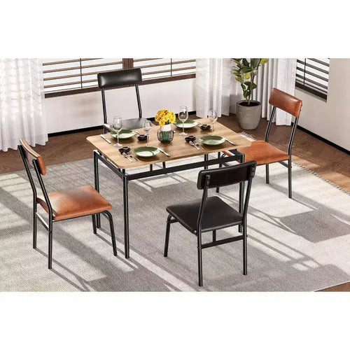 5-Piece Dining Table Set, Brown Wood Kitchen Table with 4 PU Upholstered Chairs, Space-Saving Metal Frame Dinette, for Dining Room