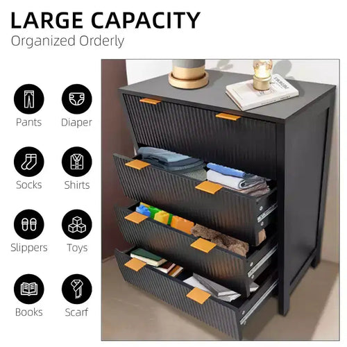 Acekool Commode 4 Tiroirs, Commode de Chambre Cannelée, Organiseur Haut Moderne du Milieu du Siècle avec Poignée en Métal, Rangement pour Chambre à Coucher, Salon, Couloir