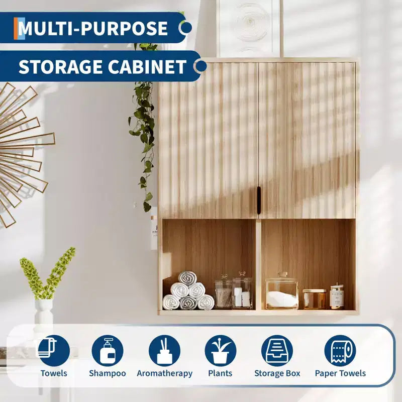 Modern Bathroom Wall Cabinet, Fluted Wooden Medicine Cabinet with Adjustable Shelves, Space Saver Over Toilet Storage, Floating Storage Cabinet