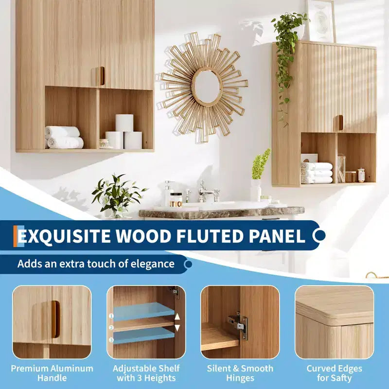 Modern Bathroom Wall Cabinet, Fluted Wooden Medicine Cabinet with Adjustable Shelves, Space Saver Over Toilet Storage, Floating Storage Cabinet