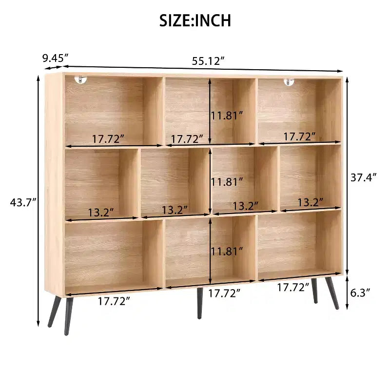 Wooden 10 Cube Bookshelf, 3 Tier Freestanding Open Bookcase with 5 Iron Legs, Open Storage Organizer, Floor Standing Display Cabinet