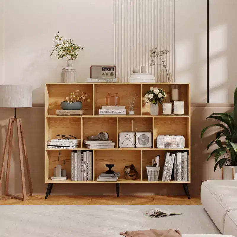 Wooden 10 Cube Bookshelf, 3 Tier Freestanding Open Bookcase with 5 Iron Legs, Open Storage Organizer, Floor Standing Display Cabinet