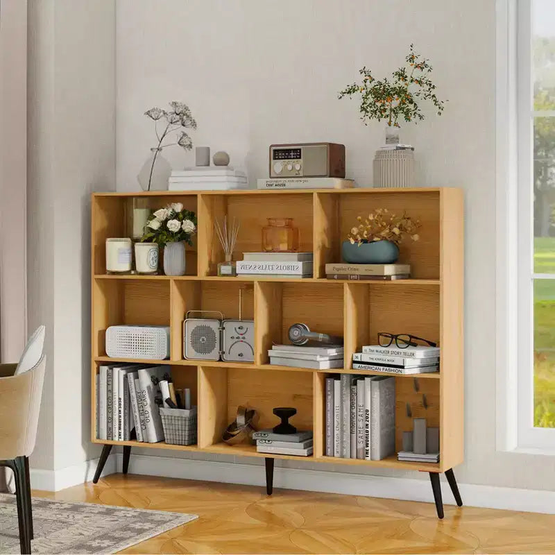 Wooden 10 Cube Bookshelf, 3 Tier Freestanding Open Bookcase with 5 Iron Legs, Open Storage Organizer, Floor Standing Display Cabinet