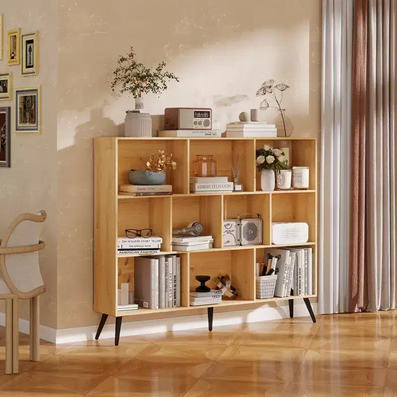 Wooden 10 Cube Bookshelf, 3 Tier Freestanding Open Bookcase with 5 Iron Legs, Open Storage Organizer, Floor Standing Display Cabinet