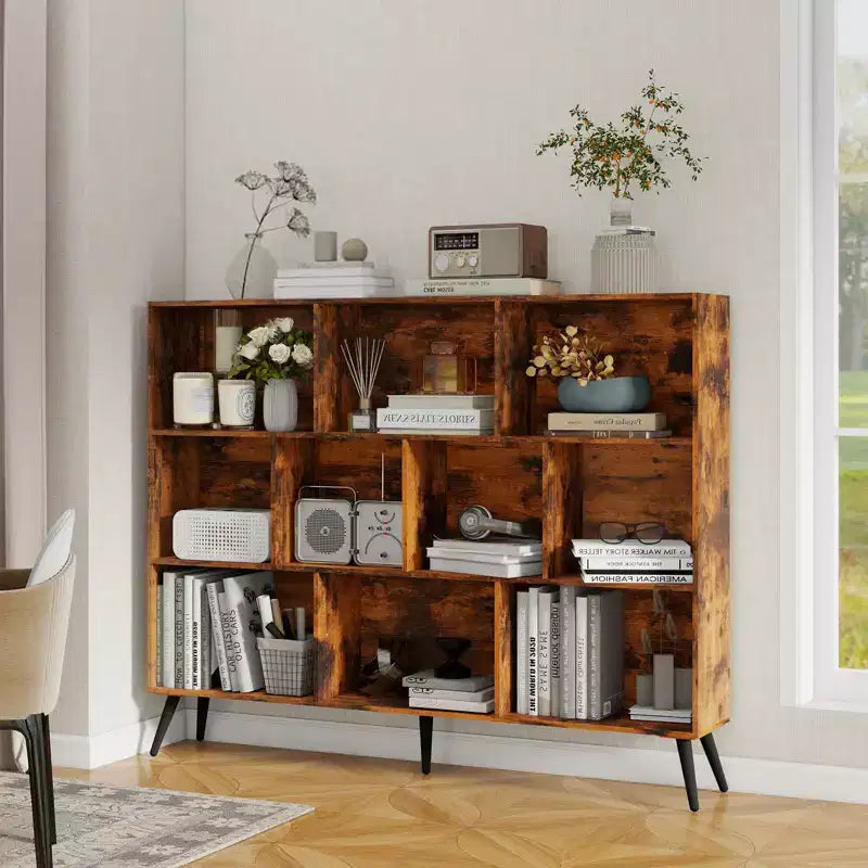 Wooden 10 Cube Bookshelf, 3 Tier Freestanding Open Bookcase with 5 Iron Legs, Open Storage Organizer, Floor Standing Display Cabinet