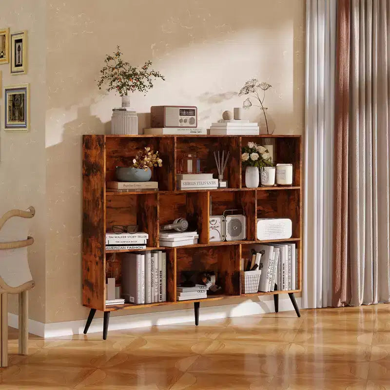 Wooden 10 Cube Bookshelf, 3 Tier Freestanding Open Bookcase with 5 Iron Legs, Open Storage Organizer, Floor Standing Display Cabinet