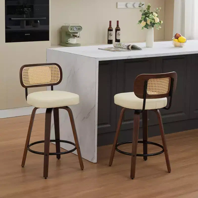 CLIHOME Set of 2 Counter Height Bar Stools - 26 Rattan Counter Height Stools With Cane Back and Upholstered Seat
